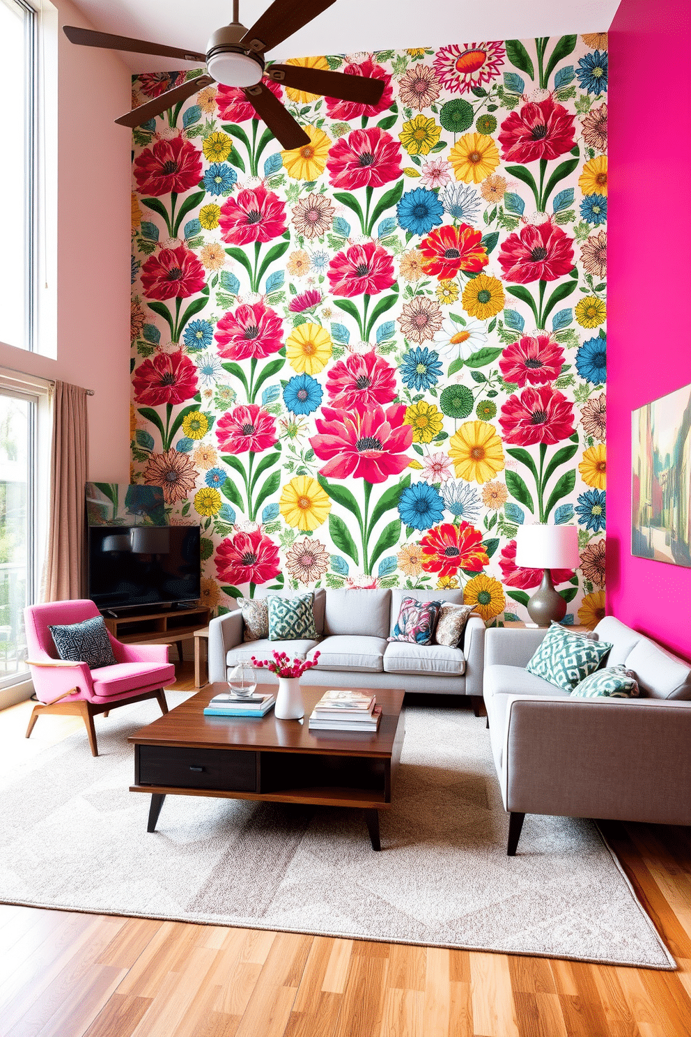 A vibrant family room featuring a colorful accent wall adorned with a bold floral wallpaper design that captures attention. The space is filled with Mid-Century Modern furniture, including a sleek, low-profile sofa and a stylish coffee table, creating a warm and inviting atmosphere. Natural light floods the room through large windows, highlighting the playful mix of textures and colors. A retro armchair and a geometric rug add to the eclectic charm, making it the perfect spot for family gatherings and relaxation.