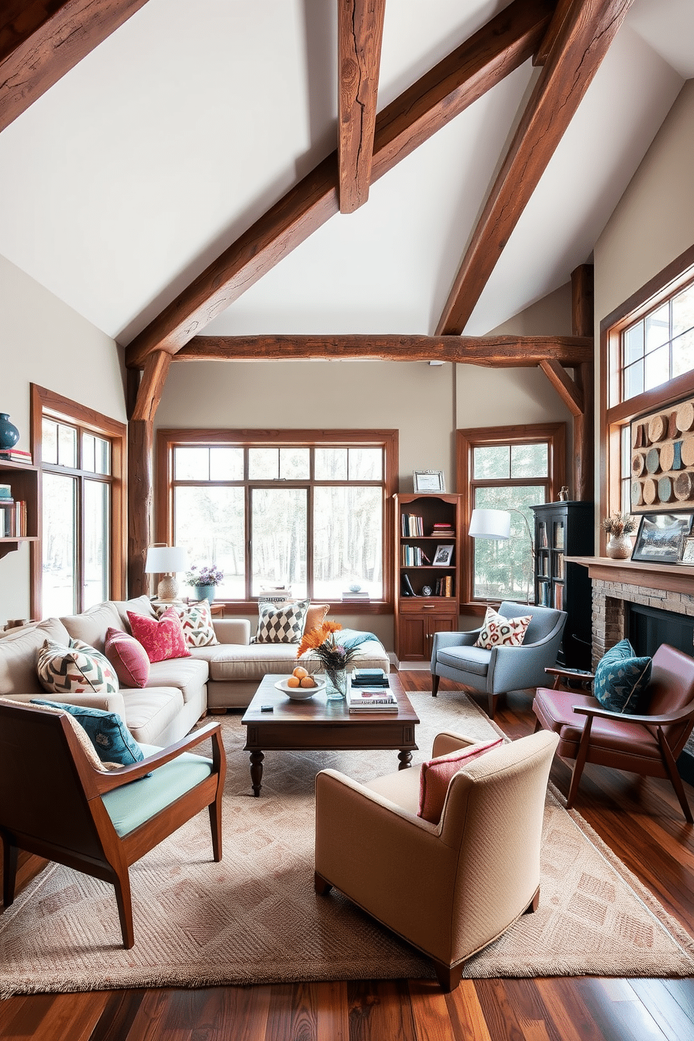 A cozy family room featuring rustic wood beams that add character and warmth to the space. The room includes a plush sectional sofa in a neutral tone, paired with a vintage coffee table and mid-century modern accent chairs. The color palette consists of earthy tones complemented by vibrant accent pillows. Large windows allow natural light to flood the room, enhancing the inviting atmosphere and showcasing decor elements like a geometric rug and a curated bookshelf.