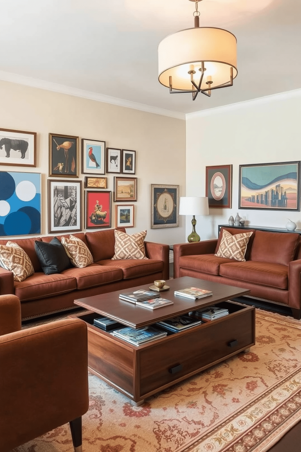 A stylish family room features functional furniture with hidden storage options, including a sleek coffee table that opens to reveal ample space for magazines and games. The seating arrangement consists of a plush, low-profile sofa and a pair of accent chairs, all in rich, warm tones that complement the room's inviting atmosphere. The walls are adorned with a gallery of Mid-Century Modern art, while a statement light fixture hangs from the ceiling, casting a warm glow over the space. A vintage-inspired rug anchors the seating area, adding texture and a pop of color to the overall design.