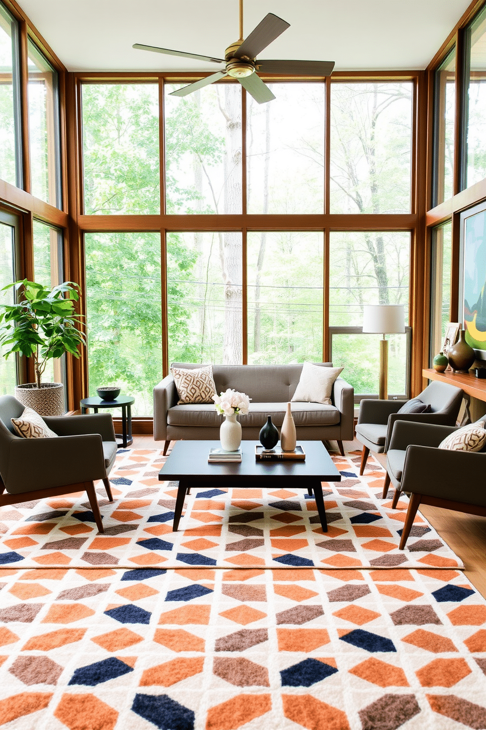 A cozy Mid-Century Modern family room features a geometric patterned area rug that adds warmth and texture to the space. The room is furnished with a sleek, low-profile sofa in a muted color, complemented by a pair of accent chairs with bold, angular lines. Large windows allow natural light to flood the room, highlighting the rich wood tones of the furniture and the playful patterns of the rug. A minimalist coffee table sits in the center, adorned with a few carefully curated decor pieces that reflect the era's aesthetic.