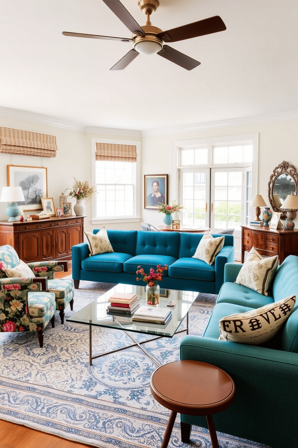 A stylish family room that seamlessly blends vintage and contemporary elements. The space features a plush, mid-century modern sofa in a vibrant teal, paired with a sleek glass coffee table and an antique wooden sideboard adorned with decorative objects. On one side, a vintage armchair with a bold floral pattern complements the modern aesthetic. Large windows allow natural light to flood the room, highlighting the eclectic mix of textures and colors throughout the space.