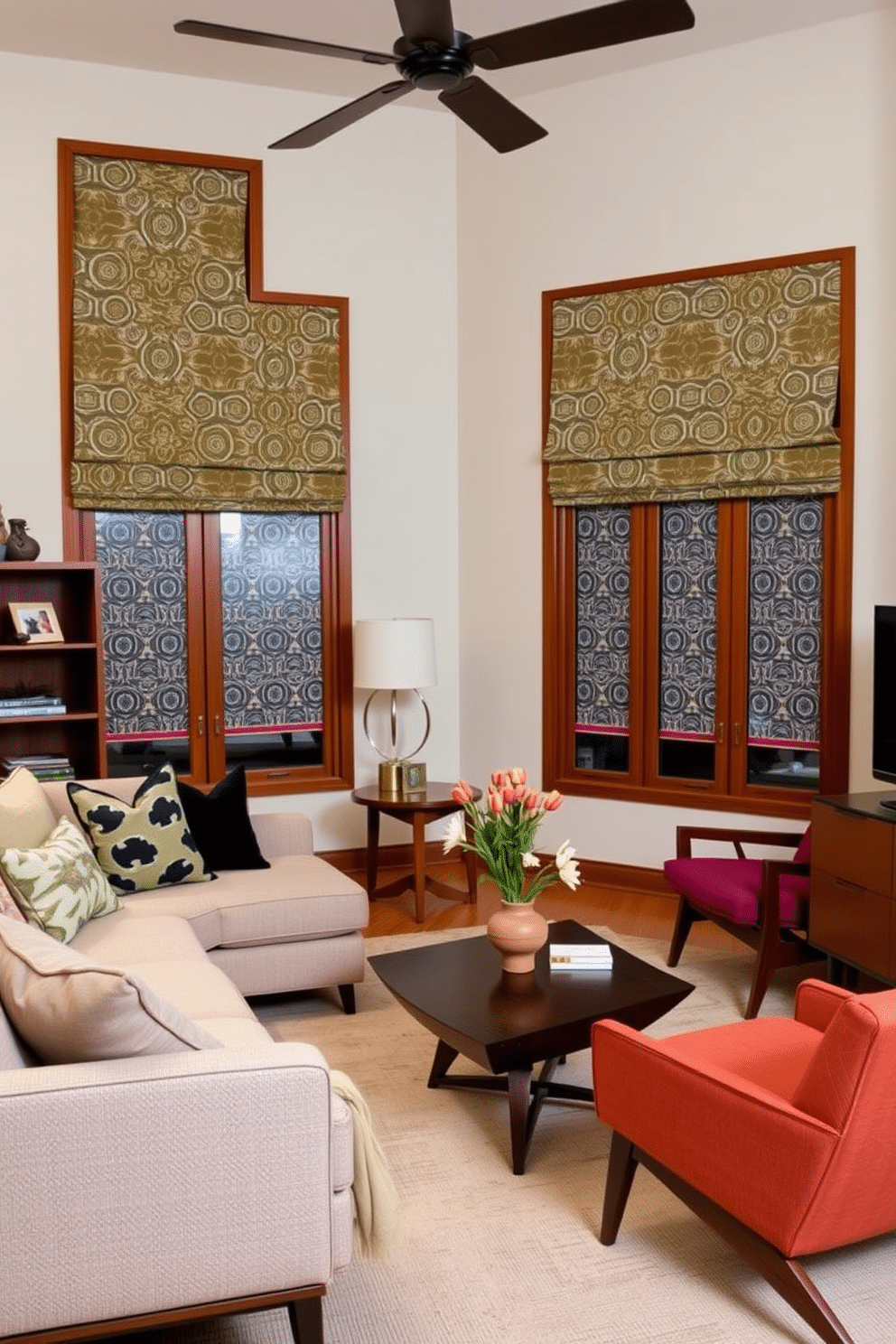 A Mid-Century Modern family room featuring bold, graphic prints on the window treatments that complement the warm wood tones of the furniture. The space includes a stylish sectional sofa, a geometric coffee table, and vibrant accent chairs, creating an inviting atmosphere for family gatherings.