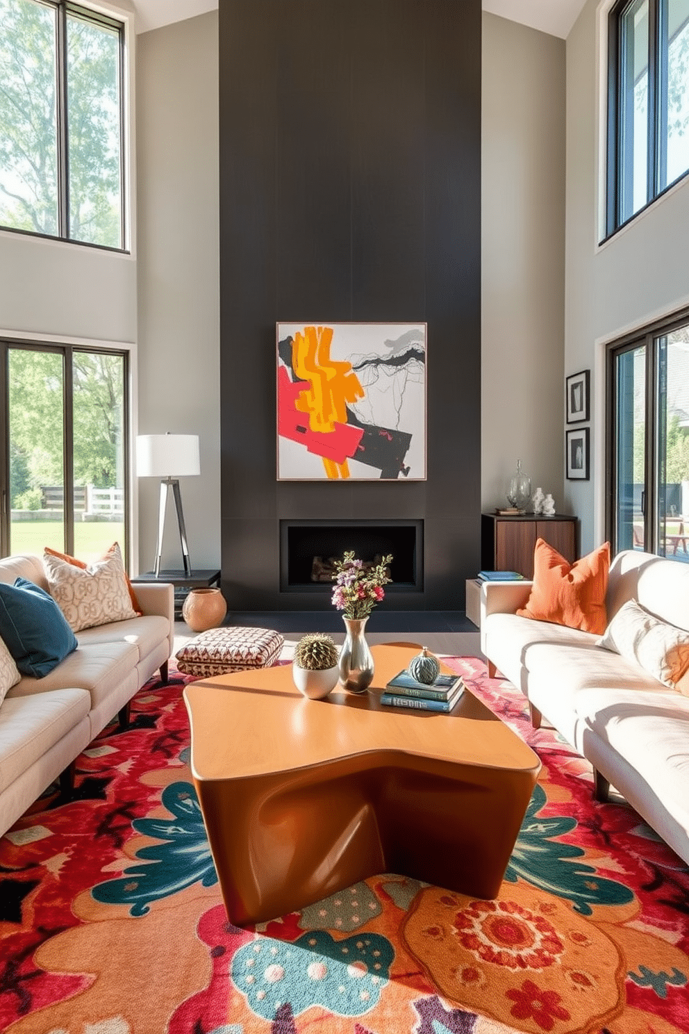 A sculptural coffee table serves as the centerpiece of the family room, showcasing bold lines and an artistic design that captures attention. Surrounding it are plush, neutral-toned sofas that invite comfort and conversation, creating a welcoming atmosphere for family gatherings. The walls are adorned with abstract art that complements the coffee table's aesthetic, while a vibrant area rug adds warmth and texture to the space. Large windows allow natural light to flood in, enhancing the Mid-Century Modern elements with a bright and airy feel.