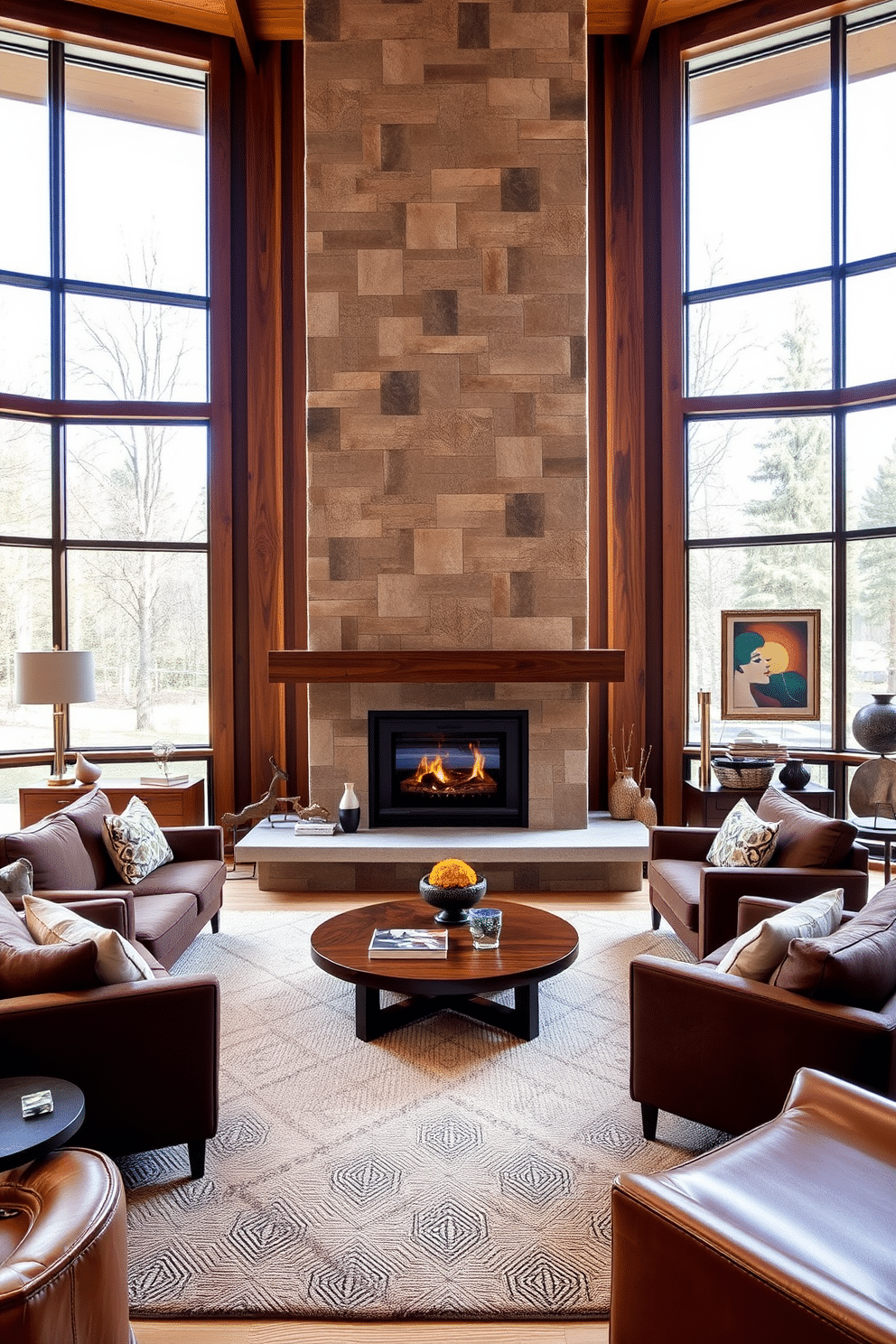 A striking statement fireplace serves as the focal point of the Mid-Century Modern family room, featuring a sleek, linear design with a combination of natural stone and warm wood accents. Surrounding the fireplace, plush seating in rich, earthy tones invites relaxation, while geometric patterns in the area rug add visual interest to the space. Large, panoramic windows flood the room with natural light, highlighting the clean lines and organic forms characteristic of Mid-Century Modern design. A curated selection of vintage decor pieces and contemporary art enhances the room's aesthetic, creating a harmonious blend of old and new.