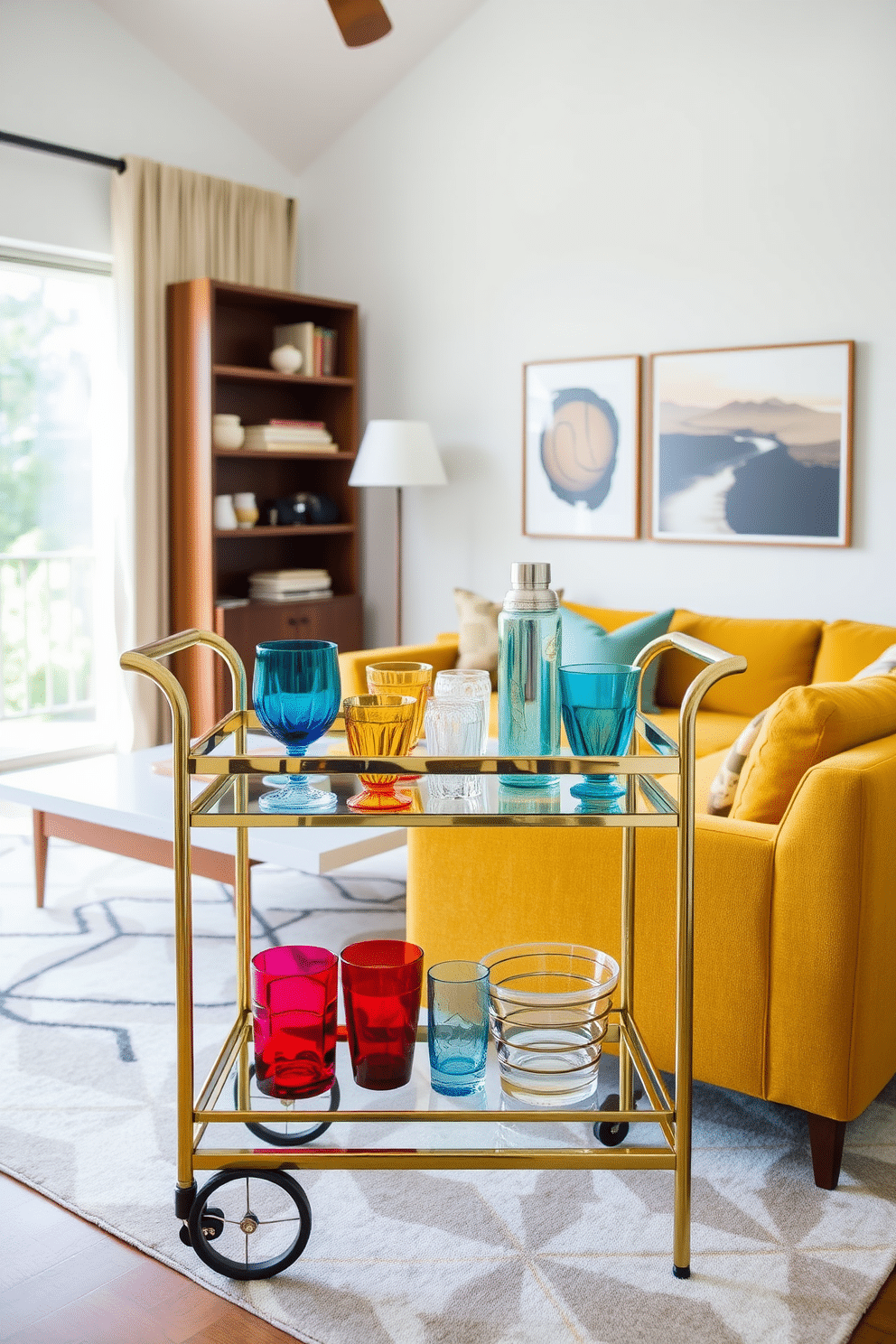 A retro-inspired bar cart for entertaining. The cart features a polished brass frame with glass shelves, adorned with colorful vintage glassware and a stylish cocktail shaker. Mid-Century Modern family room design ideas. The space includes a comfortable sectional sofa in a warm mustard hue, complemented by a teak coffee table and an abstract area rug with geometric patterns.