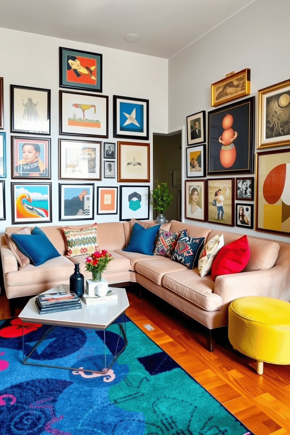 An eclectic family room featuring an array of art styles and decorative elements. The space includes a plush, vintage-inspired sofa paired with a geometric coffee table and an assortment of colorful throw pillows. On the walls, a gallery of framed artworks showcases both abstract pieces and classic prints, creating a vibrant focal point. The flooring is a warm wood, complemented by a bold area rug that ties together the diverse color palette of the room.