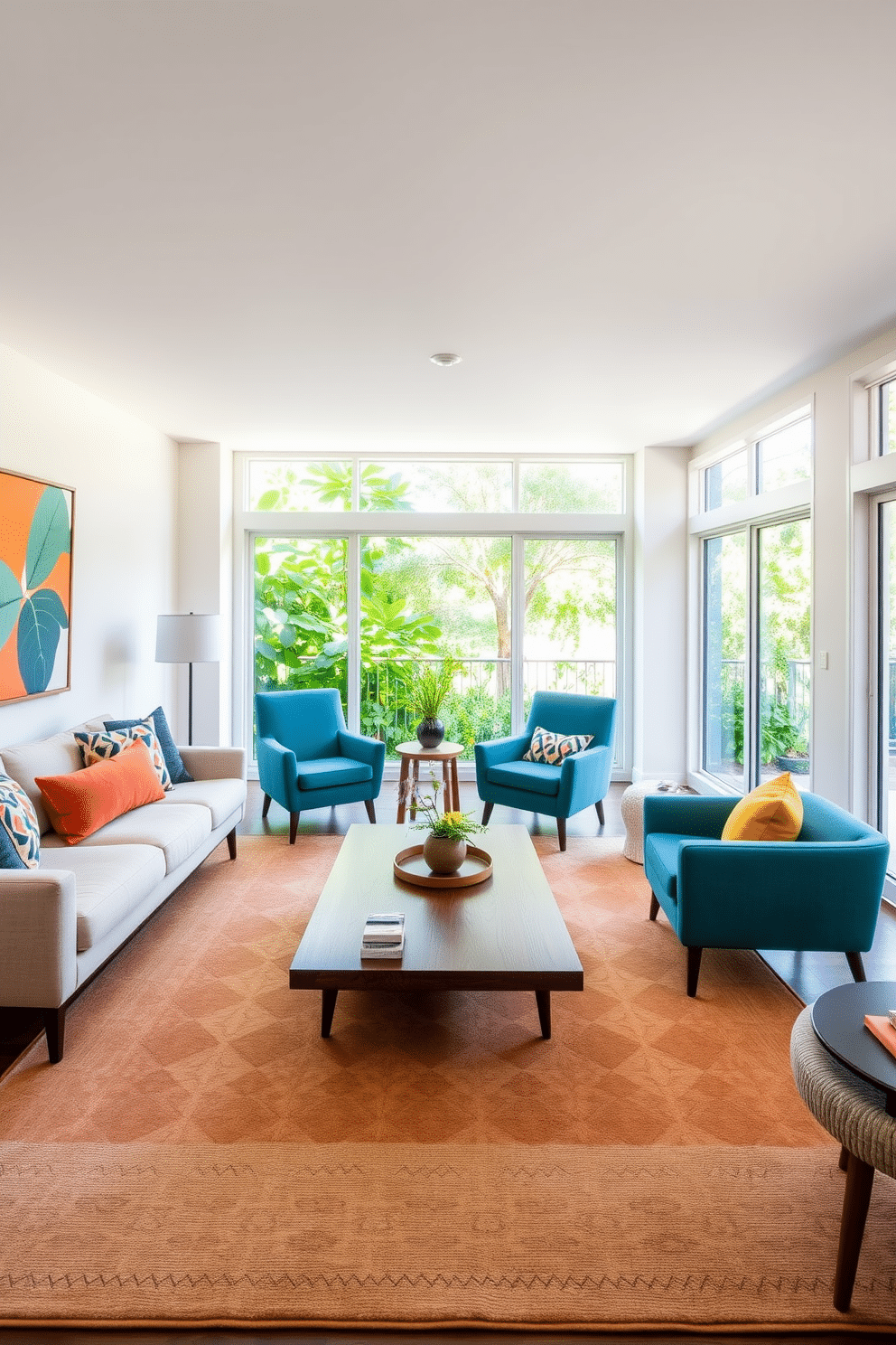 A Mid-Century Modern family room featuring soft, neutral palettes accented with vibrant pops of color. The space includes a sleek, low-profile sofa in a light beige fabric paired with colorful throw pillows, and a geometric area rug that ties the room together. A stylish coffee table made of walnut wood sits at the center, surrounded by vintage-inspired armchairs in a bold teal. Large windows allow natural light to flood in, highlighting the artwork on the walls and the lush greenery visible outside.