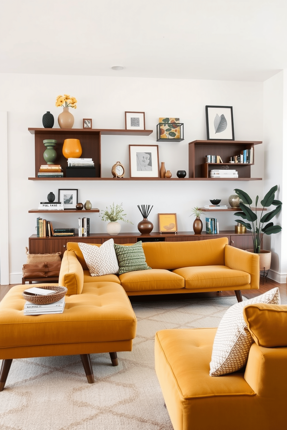 A Mid-Century Modern family room features wall-mounted shelves that provide a clean, uncluttered look, showcasing carefully curated decor and books. The room is anchored by a plush, low-profile sofa in a rich mustard yellow, paired with a geometric area rug that adds warmth and texture to the space.