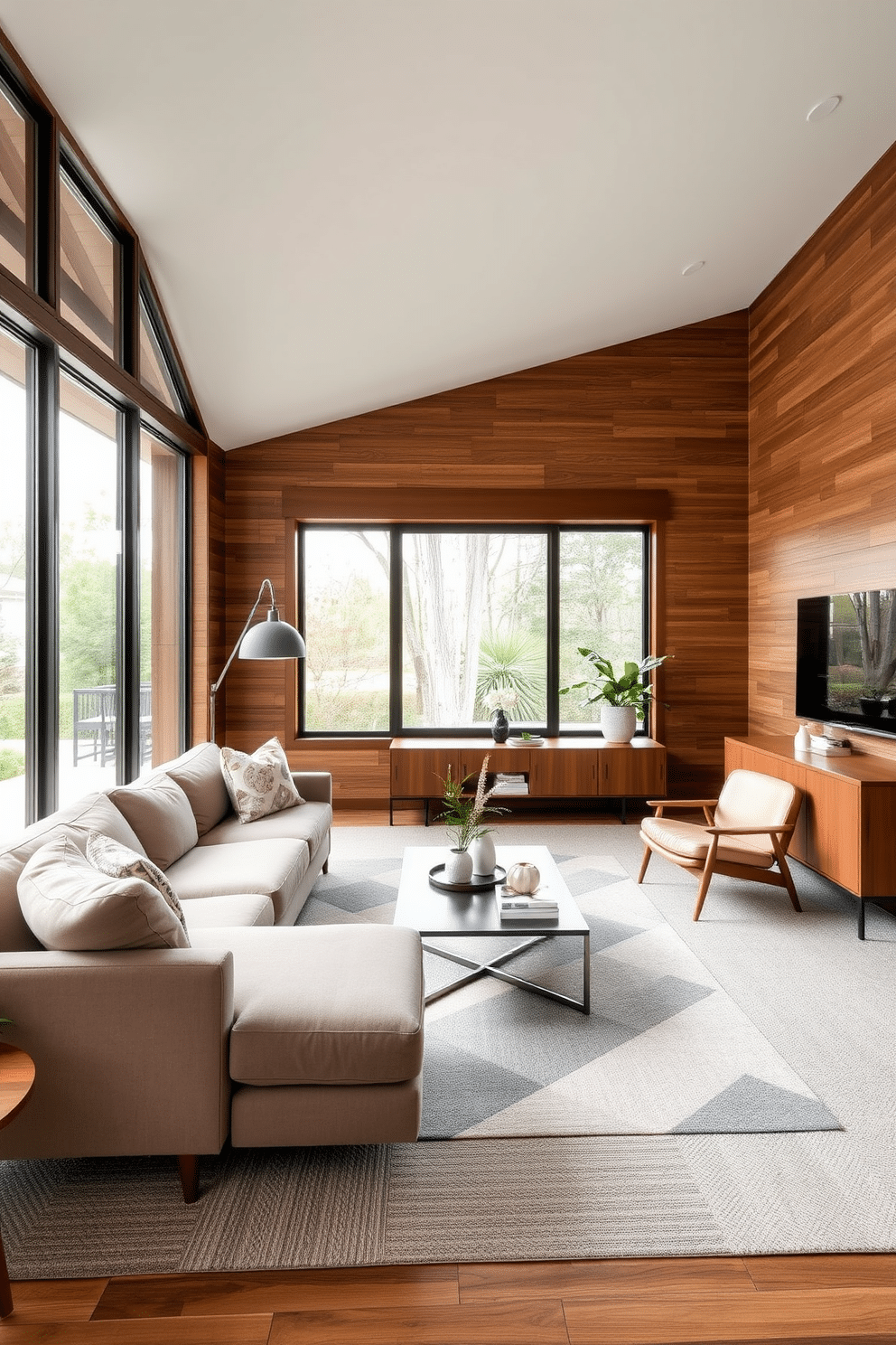 A stylish family room featuring textured wall panels that create visual interest. The space is adorned with a plush sectional sofa in a muted color, complemented by a geometric area rug and a sleek coffee table. Incorporate iconic Mid-Century Modern furniture pieces, such as a vintage lounge chair and a minimalist sideboard. Large windows allow natural light to flood the room, enhancing the warm wood tones of the paneling and furniture.