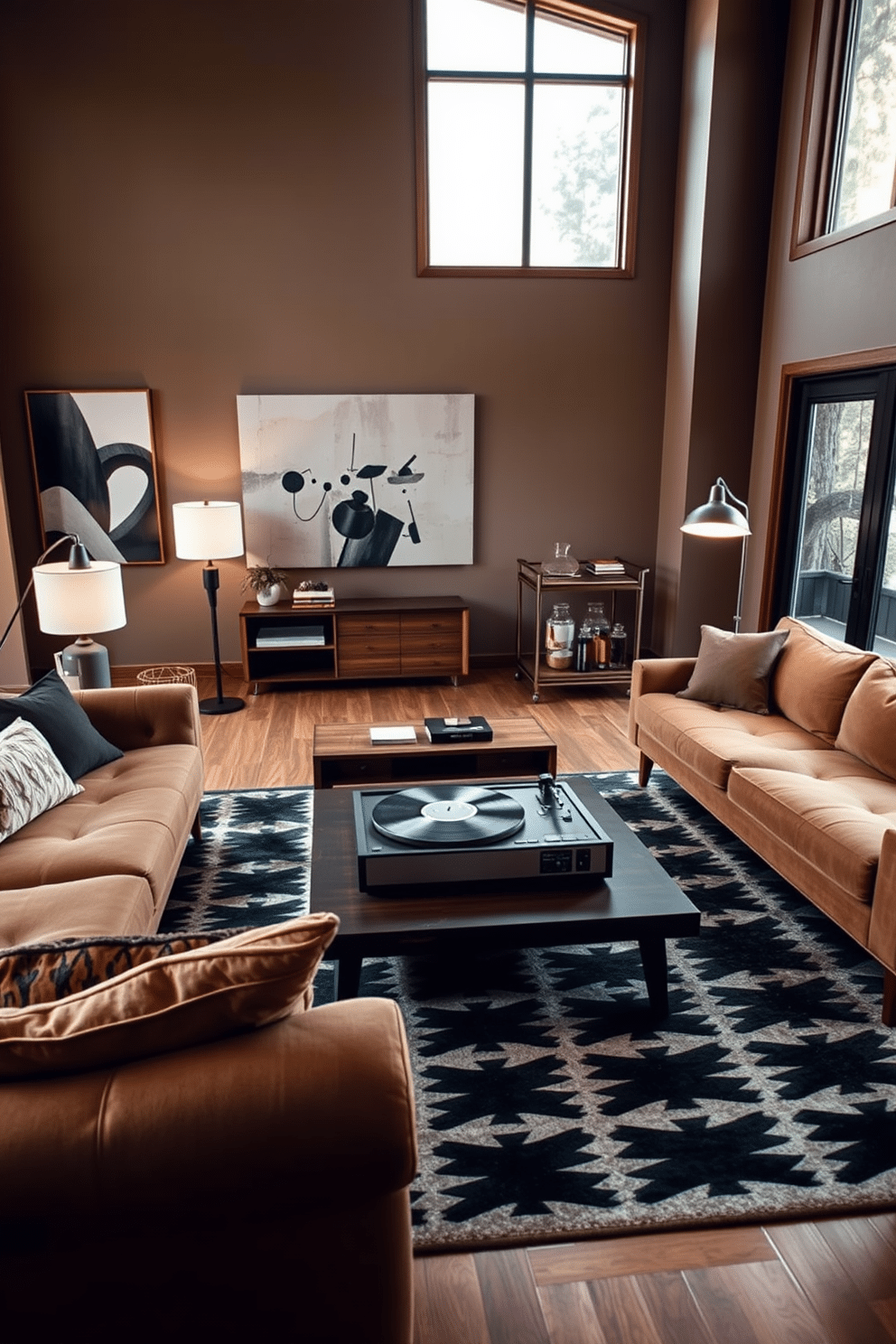 A vintage record player takes center stage in a Mid-Century Modern family room, surrounded by plush, earth-toned sofas and a geometric area rug. The walls are adorned with abstract art, while a sleek wooden coffee table complements the warm wood tones of the furniture. Incorporating a retro bar cart nearby, the space exudes a nostalgic charm, enhanced by soft lighting from stylish floor lamps. Large windows allow natural light to flood the room, highlighting the rich textures and inviting atmosphere.