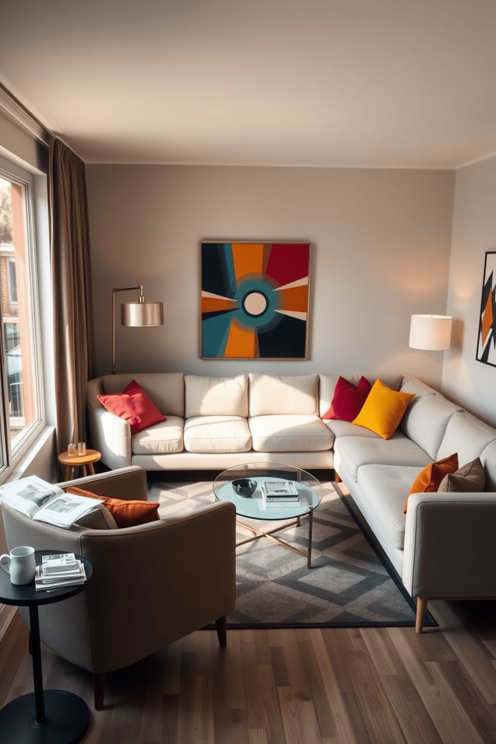 A cozy reading nook featuring a plush armchair upholstered in soft fabric, positioned next to a large window that lets in natural light. A small side table holds a stack of books and a steaming cup of tea, while a floor lamp with a warm glow illuminates the space. Mid-Century Modern family room designed with clean lines and a neutral color palette, showcasing a sectional sofa adorned with vibrant throw pillows. A sleek coffee table sits in the center, surrounded by a geometric rug, and a statement art piece hangs on the wall, adding a touch of personality.