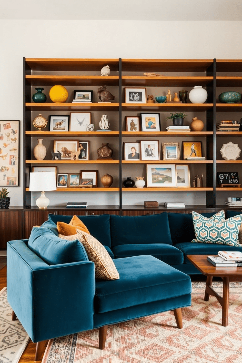 Open shelving with curated art pieces creates a visually striking focal point in the room. The shelves are filled with a mix of colorful sculptures, framed photographs, and unique collectibles that reflect personal style. In a Mid-Century Modern family room, the design features clean lines and organic shapes. A plush, low-profile sofa in a rich teal hue is paired with a vintage walnut coffee table, while geometric patterned rugs add warmth and texture to the space.