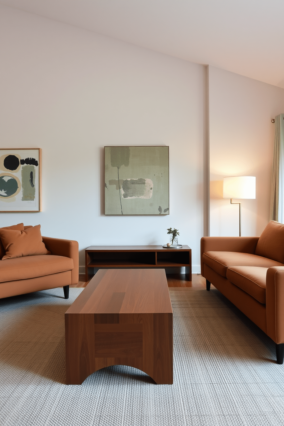 A natural wood coffee table with clean lines sits at the center of a Mid-Century Modern family room, surrounded by sleek, low-profile sofas upholstered in a warm, earthy fabric. The walls are adorned with abstract art, and a retro floor lamp casts a soft glow over the space, enhancing the inviting atmosphere.