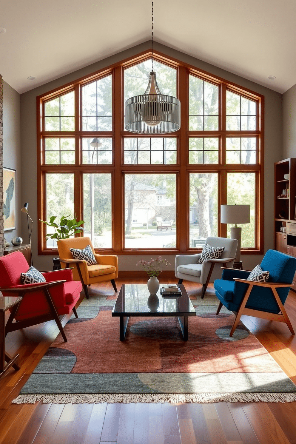 A stylish family room featuring mid-century armchairs in vibrant upholstery. The chairs are arranged around a sleek coffee table, with a bold area rug anchoring the space. Large windows allow natural light to flood in, highlighting the warm wood tones of the furniture. A statement pendant light hangs above, adding a touch of modern elegance to the cozy atmosphere.