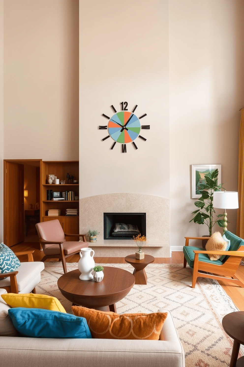 A striking retro wall clock serves as the focal point of the room, its bold colors and geometric design drawing the eye. Surrounding it, soft neutral walls create a warm backdrop, enhancing the clock's vibrant presence. The Mid-Century Modern family room features sleek, low-profile furniture with clean lines and organic shapes. A mix of rich wood tones and pops of color in the decor creates a welcoming and stylish atmosphere for family gatherings.