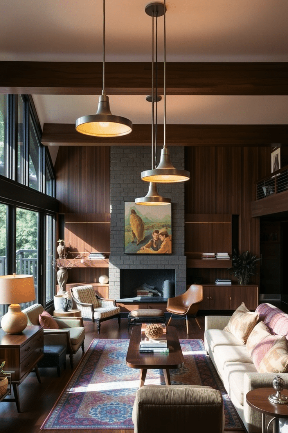 A Mid-Century Modern family room features layered lighting with sleek pendant fixtures hanging at varying heights, casting a warm glow across the space. The room is furnished with a combination of rich wood tones and vibrant textiles, showcasing a mix of vintage and contemporary elements for a cozy yet stylish atmosphere.