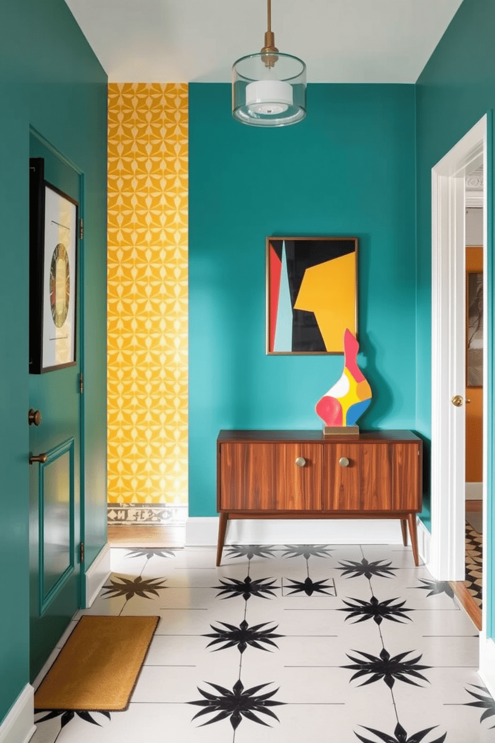 A vibrant foyer with bright colors and geometric patterns welcomes guests. The walls are painted in a bold teal, while a striking yellow geometric wallpaper adds visual interest. A sleek console table in a rich walnut finish stands against the wall, adorned with a colorful abstract sculpture. The floor features a playful black and white geometric tile that complements the overall Mid Century Modern aesthetic.