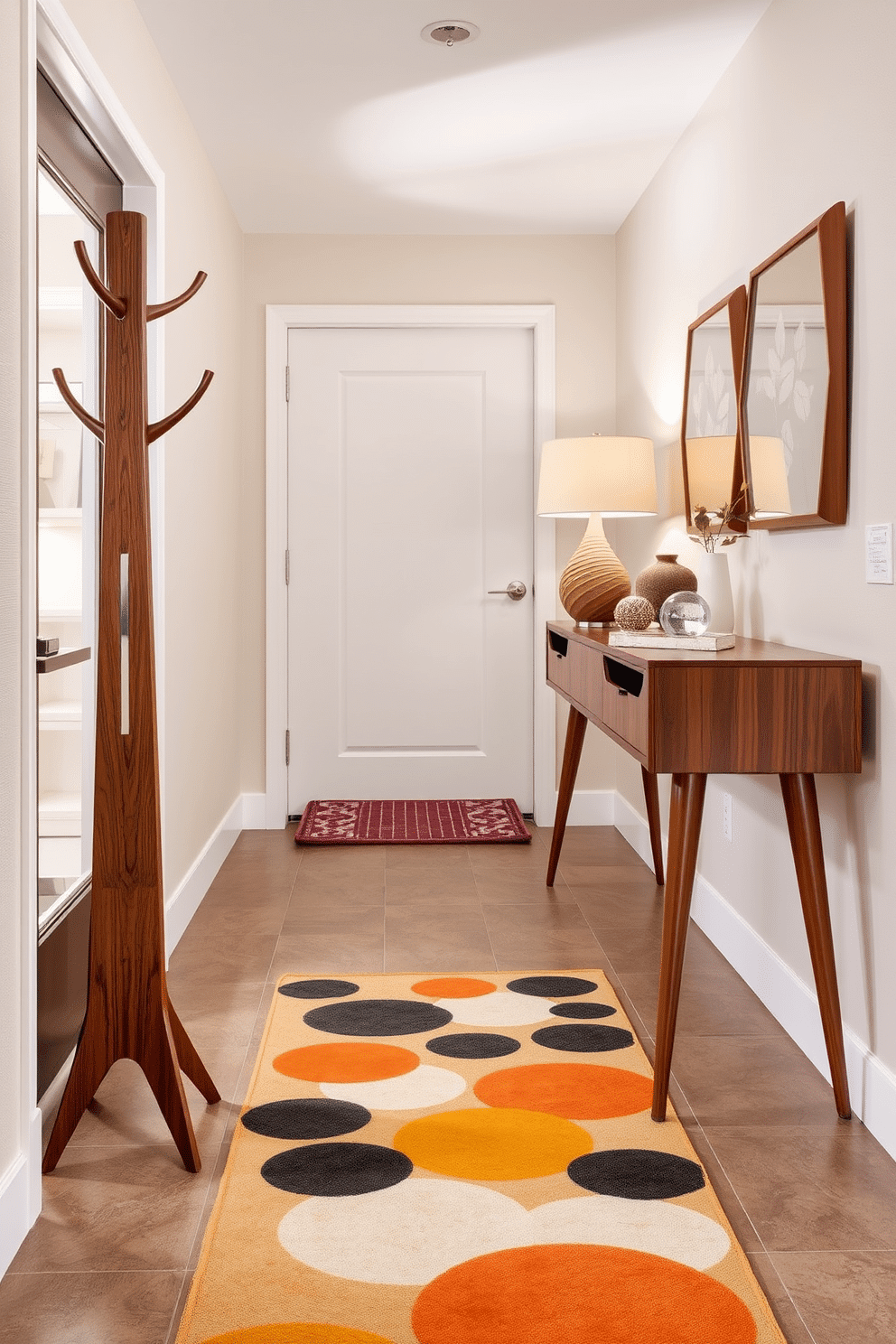 A vintage coat rack with a modern flair stands prominently in the entrance hallway, crafted from rich walnut wood with sleek metal accents. Surrounding it are geometric-patterned tiles in muted earth tones, enhancing the contemporary feel while maintaining a classic touch. The foyer features a Mid Century Modern design, showcasing a vibrant area rug with abstract shapes that draw the eye. A minimalist console table with tapered legs complements the space, adorned with a stylish lamp and a few curated decor pieces for a welcoming atmosphere.