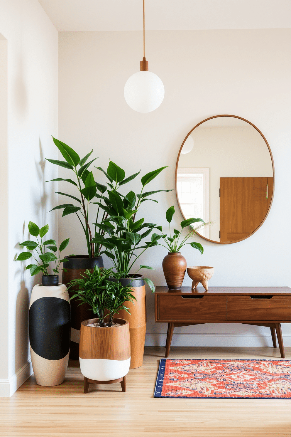 A cozy plant corner featuring mid-century planters in various heights, showcasing lush greenery that brings life to the space. The planters are made of ceramic and wood, with clean lines and organic shapes, set against a backdrop of soft, neutral-colored walls. The foyer design embraces mid-century modern aesthetics, with a sleek console table made of walnut and a minimalist pendant light hanging above. A vibrant area rug adds warmth, while a large mirror reflects natural light, enhancing the inviting atmosphere.