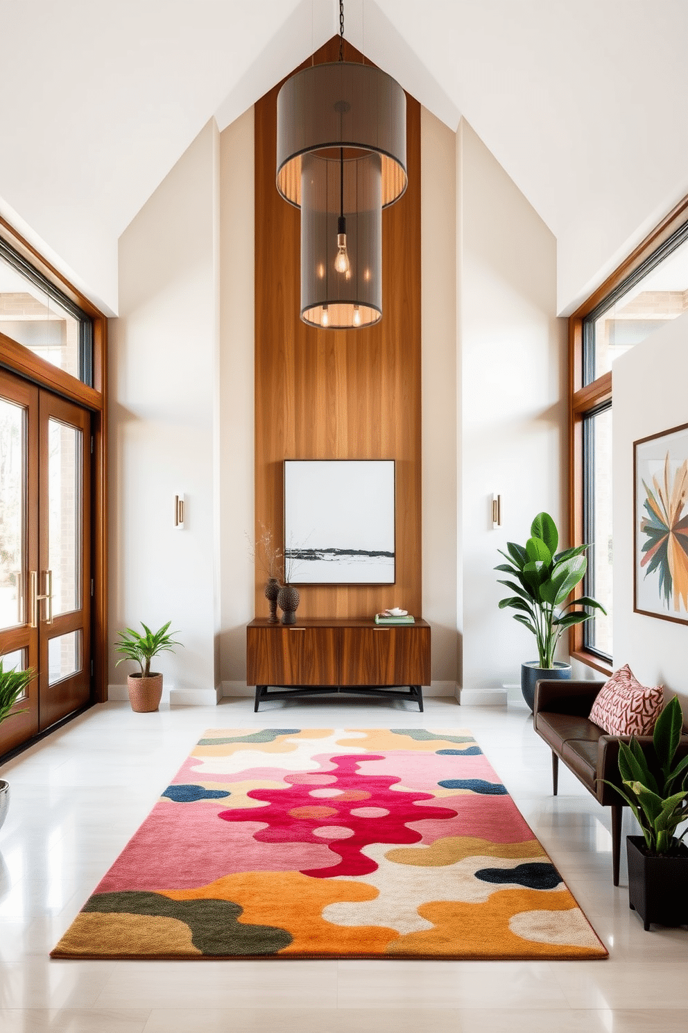 A Mid Century Modern foyer features clean lines and geometric shapes, showcasing a stunning entrance with a high ceiling. The space is adorned with a sleek console table, a bold statement light fixture, and a vibrant area rug that adds warmth and character. The walls are painted in a soft, neutral tone, complementing the rich wood accents and large windows that invite natural light. Potted plants and minimalist artwork enhance the aesthetic, creating a welcoming and stylish atmosphere.