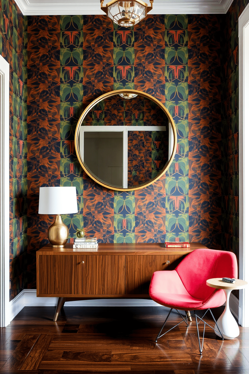 A striking foyer featuring statement wallpaper that showcases a bold geometric pattern in rich colors, creating a dramatic focal point. The space is anchored by a sleek, low-profile console table in a walnut finish, complemented by a large round mirror with a brushed brass frame above it. Mid Century Modern design elements are highlighted through the use of clean lines and organic shapes. A pair of iconic Eames chairs in vibrant upholstery sits invitingly next to a small, sculptural side table, enhancing the overall aesthetic of the space.