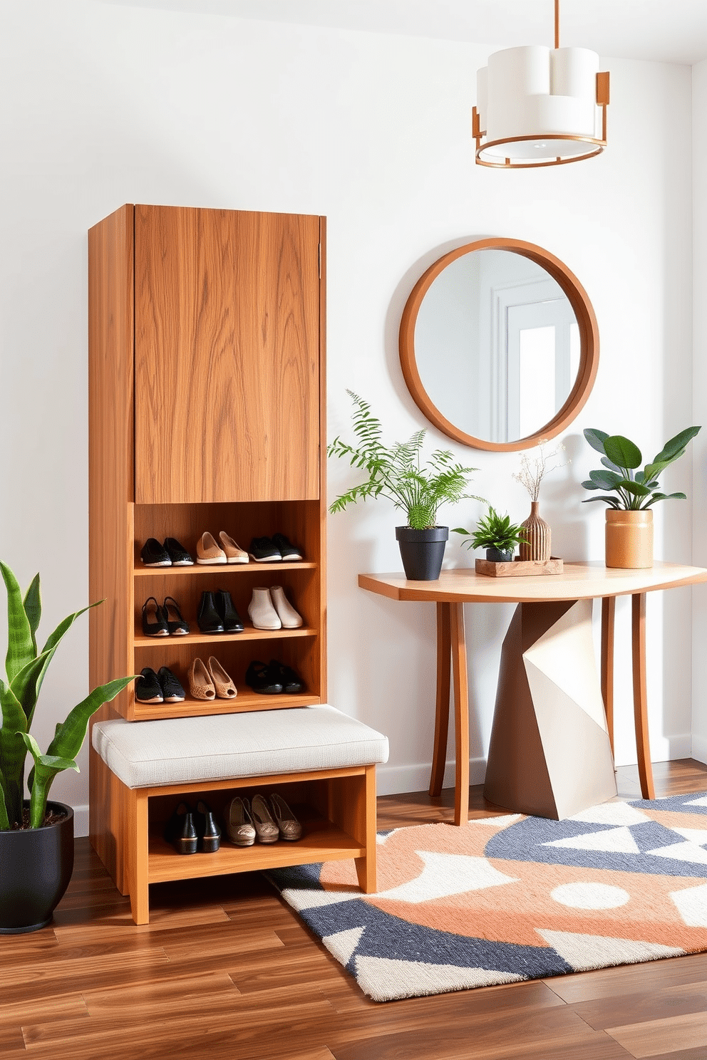 A stylish shoe storage solution features a sleek, minimalist cabinet with a warm wood finish, incorporating open shelving for easy access to favorite pairs. The design includes a cushioned bench for seating, making it convenient to put on shoes, and a decorative area rug that adds a pop of color to the space. In a Mid Century Modern foyer, a bold geometric console table serves as the focal point, complemented by a large round mirror with a wooden frame. The space is enhanced with a mix of vibrant plants and a striking light fixture that showcases the iconic lines and forms of the era.