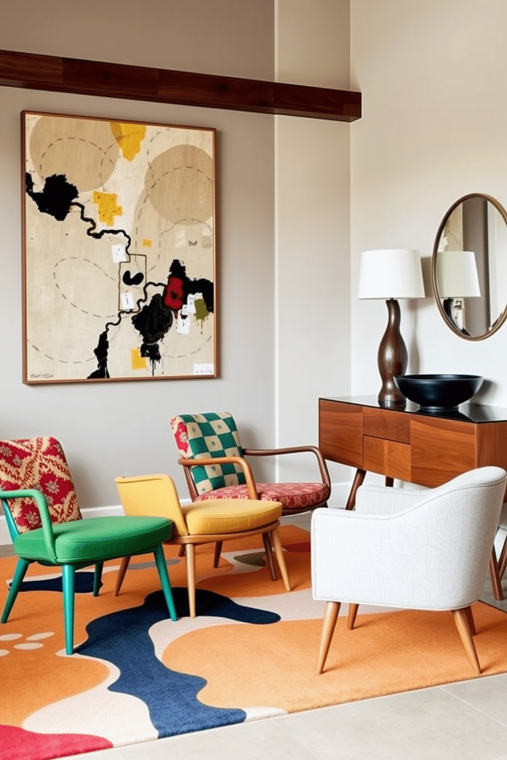 A collection of mismatched chairs in vibrant colors and patterns creates an eclectic look in the foyer. The space features a bold area rug that ties the chairs together, while a large, abstract piece of art hangs on the wall, adding character and warmth. The foyer showcases Mid Century Modern design elements with clean lines and organic shapes. A sleek console table sits against the wall, complemented by a sculptural lamp and a decorative bowl, enhancing the inviting atmosphere of the entryway.