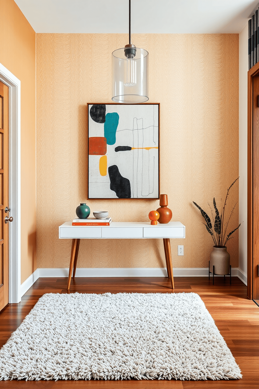 Textured wall paneling creates an inviting backdrop, enhancing the visual depth of the foyer. The space features a sleek console table with a minimalist design, complemented by a statement pendant light that adds a touch of elegance. Incorporating iconic Mid Century Modern elements, the foyer showcases a mix of warm wood tones and vibrant accents. A plush area rug anchors the space, while a large, abstract artwork provides a focal point that draws the eye.