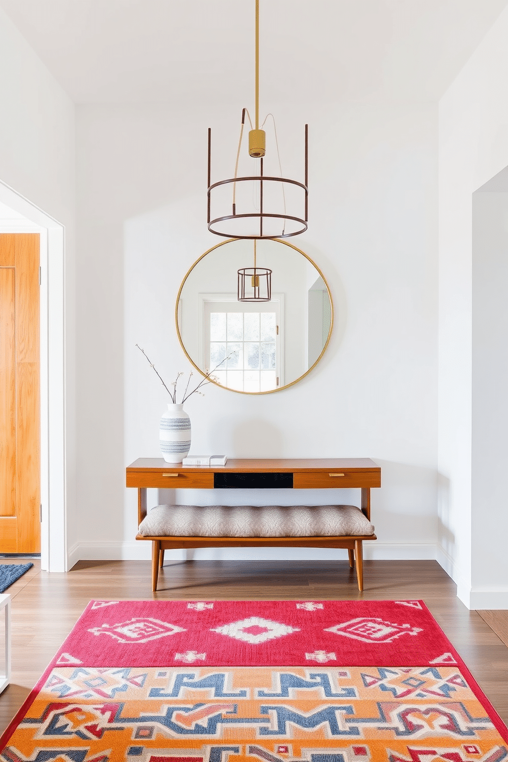 A minimalist foyer design featuring clean lines and a neutral color palette. The space includes a sleek console table with a single decorative vase and a large, round mirror above it, creating an airy and uncluttered atmosphere. For a Mid Century Modern foyer, incorporate warm wood tones and geometric patterns. The entrance showcases a stylish bench, a statement light fixture, and a vibrant area rug that adds a pop of color while maintaining the overall elegance of the design.