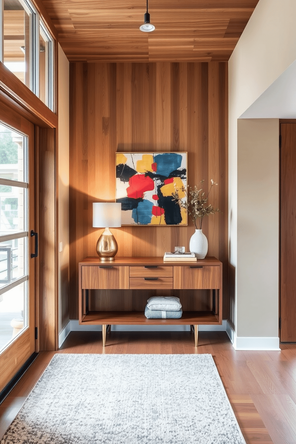 A welcoming foyer featuring warm wood tones complemented by sleek metal accents. The space includes a stylish wooden console table with a brushed brass lamp and a vibrant abstract artwork above it. Natural light floods the area through a large window, highlighting the rich textures of the wood and metal elements. A plush area rug in muted tones anchors the space, adding comfort and sophistication to the Mid Century Modern design.