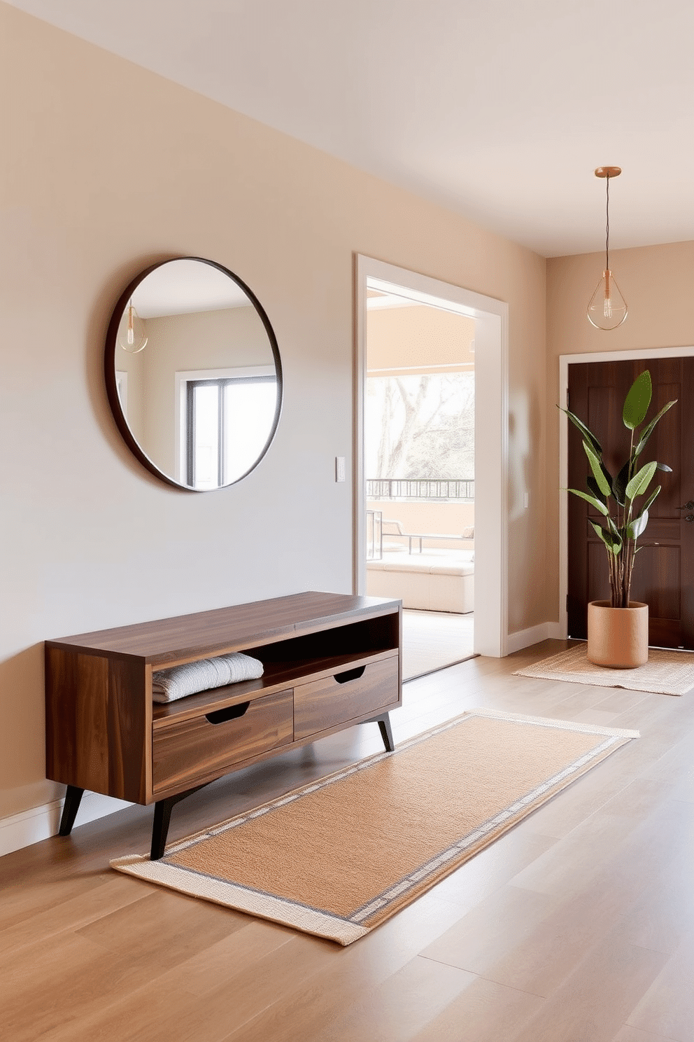 A functional entryway with hidden storage features a sleek console table made of walnut wood, complemented by a minimalist bench with built-in drawers. The walls are adorned with a soft beige color, and a large round mirror hangs above the table, reflecting natural light from a nearby window. In a Mid Century Modern foyer, you find an open space with a geometric rug in earthy tones that anchors the area. Stylish pendant lighting hangs from the ceiling, while a tall plant in a ceramic pot adds a touch of greenery to the inviting atmosphere.