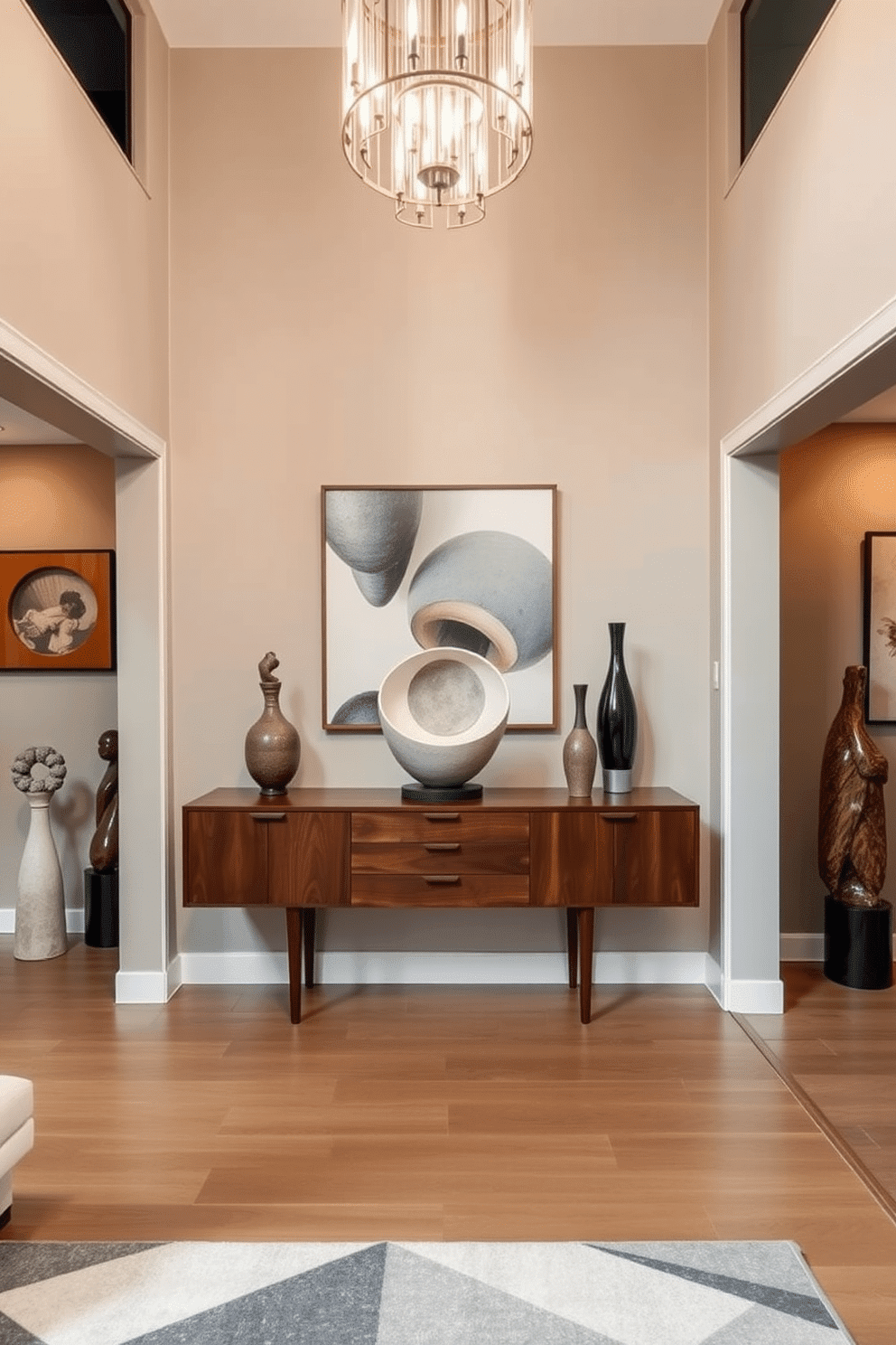 A stunning foyer featuring a sleek console table with a rich walnut finish, adorned with a unique ceramic sculpture that draws the eye. The walls are painted in a soft, muted hue, complemented by a geometric area rug that adds warmth and texture to the space. Artistic sculptures are strategically placed throughout the foyer, creating visual interest and enhancing the Mid Century Modern aesthetic. A statement light fixture hangs from the ceiling, casting a warm glow over the area and highlighting the curated art pieces.