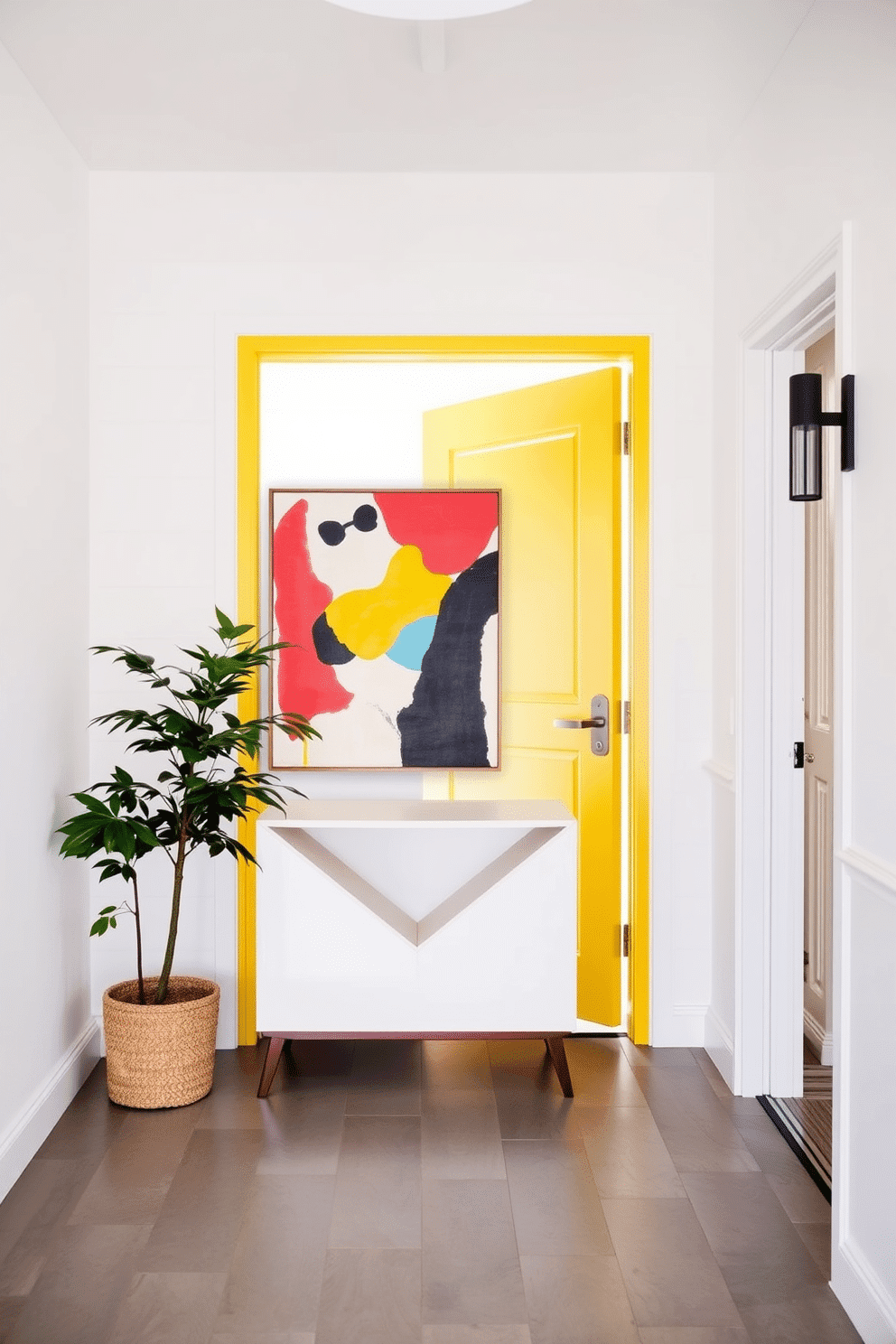 A bright yellow door stands out against the crisp white exterior, inviting guests into a stylish Mid Century Modern foyer. Inside, a sleek console table with a geometric design is adorned with a vibrant abstract art piece, while a potted plant adds a touch of greenery to the space.