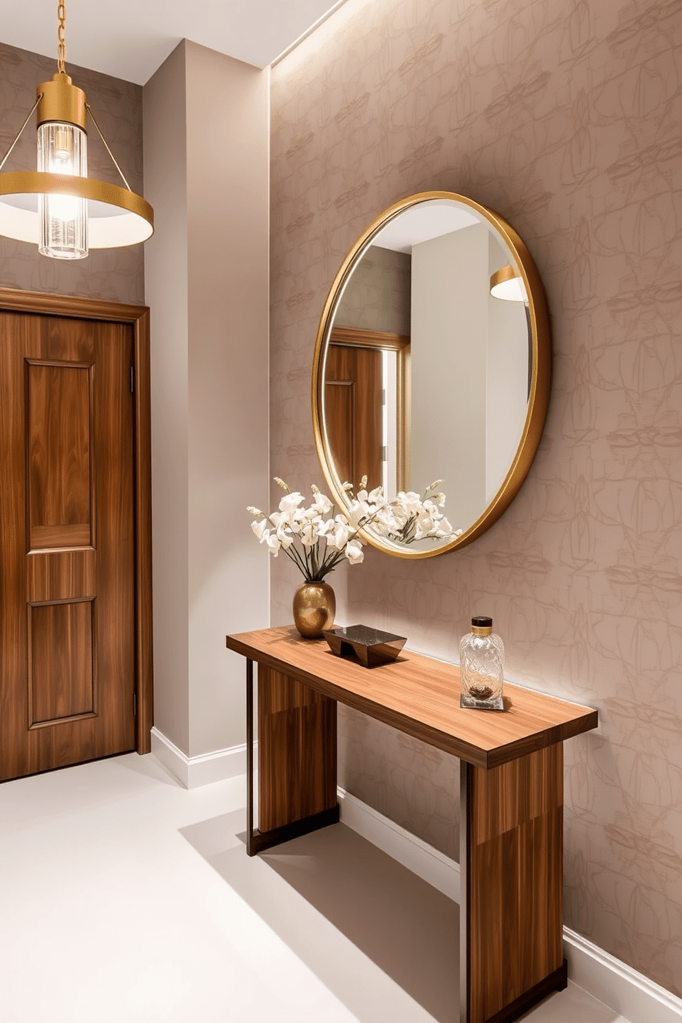 A stylish foyer with integrated lighting that enhances the modern aesthetic. The space features a sleek console table made of walnut, paired with a statement pendant light that casts a warm glow. The walls are adorned with geometric wallpaper in muted tones, creating a striking backdrop. A large round mirror with a brass frame hangs above the console, reflecting the light and adding depth to the room.