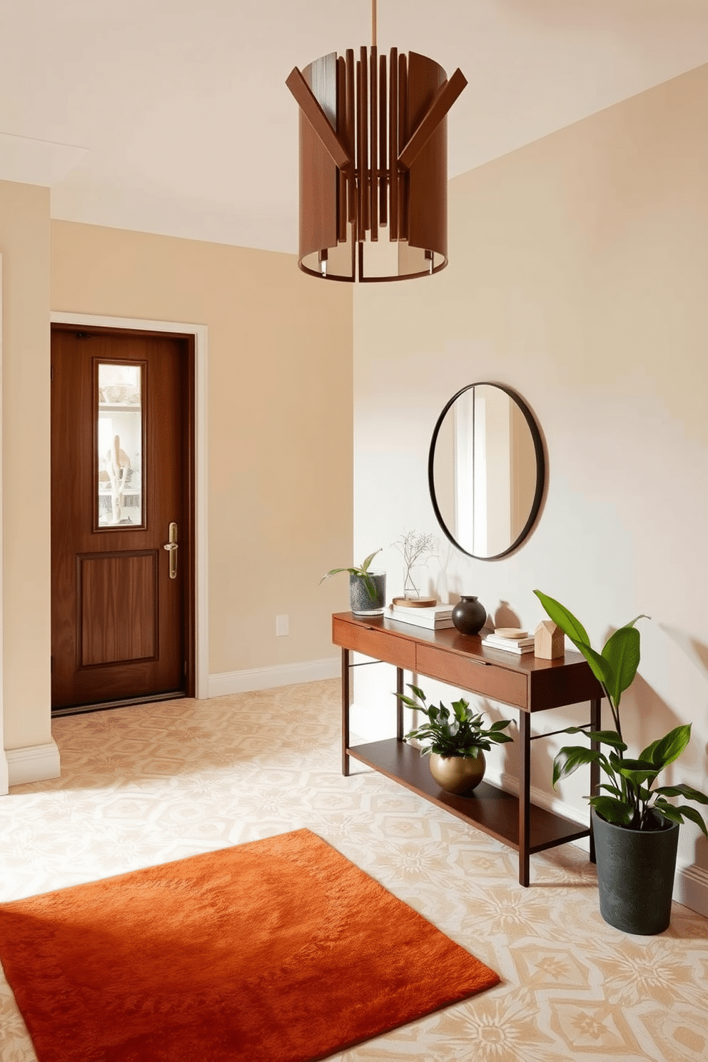 A stunning foyer featuring vintage-inspired tiles in a geometric pattern, creating a warm and inviting atmosphere. The walls are adorned with a soft pastel hue, and a sleek console table with a round mirror above it adds elegance to the space. Incorporating Mid Century Modern design elements, the foyer showcases a statement light fixture with clean lines and warm wood tones. A plush area rug in a bold color anchors the space, while potted plants bring a touch of nature indoors.