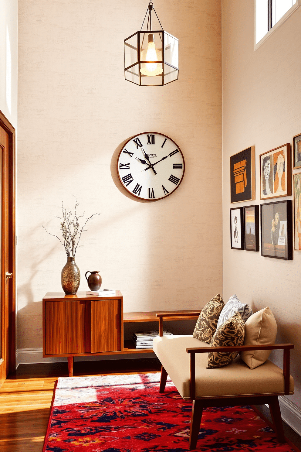 A stunning foyer featuring a mid-century clock as the statement piece, elegantly mounted on a textured wall. The space is illuminated by a warm pendant light, casting soft shadows that highlight the rich wood tones of the furniture. Incorporate a sleek console table with clean lines, complemented by a vibrant area rug that adds a pop of color. A stylish bench, adorned with decorative pillows, invites guests to sit while showcasing a collection of curated art pieces on the walls.