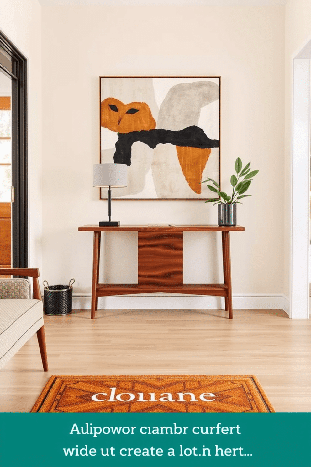 Create a personalized welcome mat that adds charm to a Mid Century Modern foyer. The mat features a geometric pattern in warm earth tones, complementing the sleek lines of the furniture and the natural wood accents of the space. In the foyer, there is a minimalist console table with a rich walnut finish, adorned with a stylish lamp and a small potted plant. The walls are painted in a soft cream color, and a large abstract artwork hangs above the table, enhancing the inviting atmosphere.