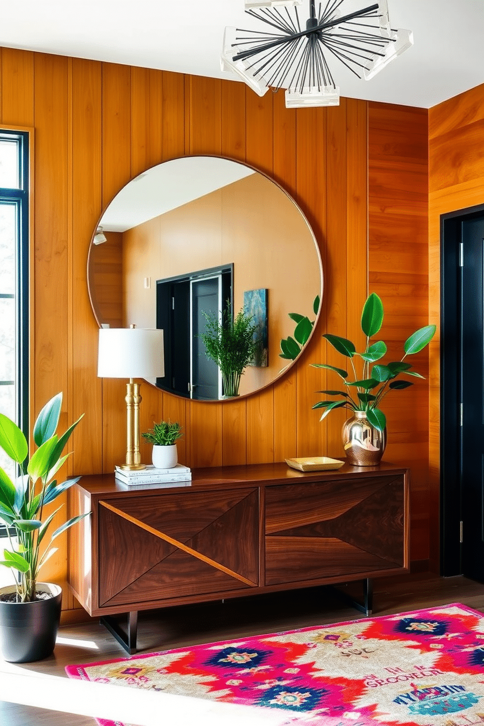 A large round mirror hangs prominently in the foyer, reflecting natural light and creating a spacious feel. The walls are adorned with warm wood paneling, complemented by a sleek console table featuring geometric lines and a rich walnut finish. Mid Century Modern design elements are showcased through a vibrant area rug with bold patterns and a sculptural light fixture overhead. Potted greenery adds a touch of freshness, enhancing the inviting atmosphere of the entryway.