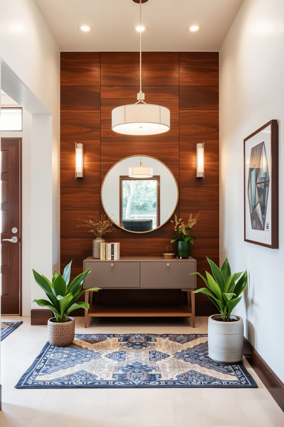 A stylish foyer featuring retro lighting fixtures that create a warm and inviting ambiance. The space is adorned with a sleek console table, complemented by a large round mirror and vibrant potted plants. Incorporating Mid Century Modern elements, the foyer showcases a combination of geometric shapes and rich wood tones. A plush area rug anchors the space, while a statement pendant light hangs above, adding a touch of elegance.