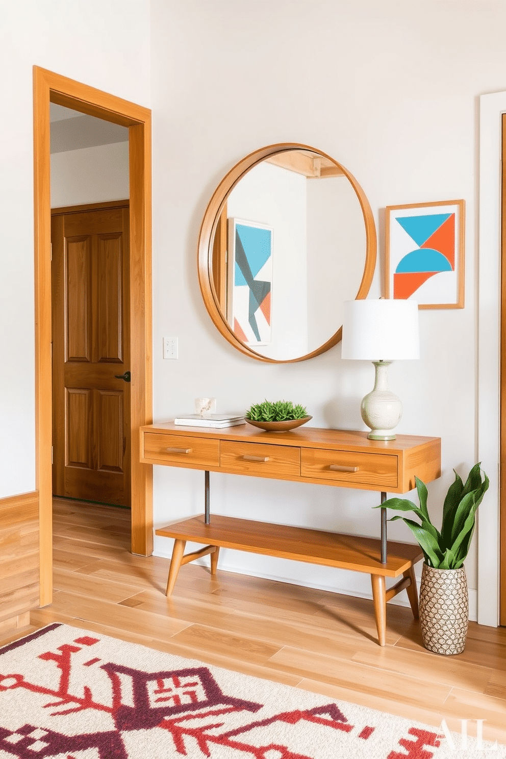 A Mid Century Modern foyer features natural wood accents that create a warm and inviting atmosphere. The space includes a sleek wooden console table with a minimalist design, complemented by a large round mirror with a wooden frame above it. Bright, geometric artwork adorns the walls, adding a pop of color to the neutral palette. A stylish area rug with bold patterns lies beneath, anchoring the space and enhancing the overall aesthetic.