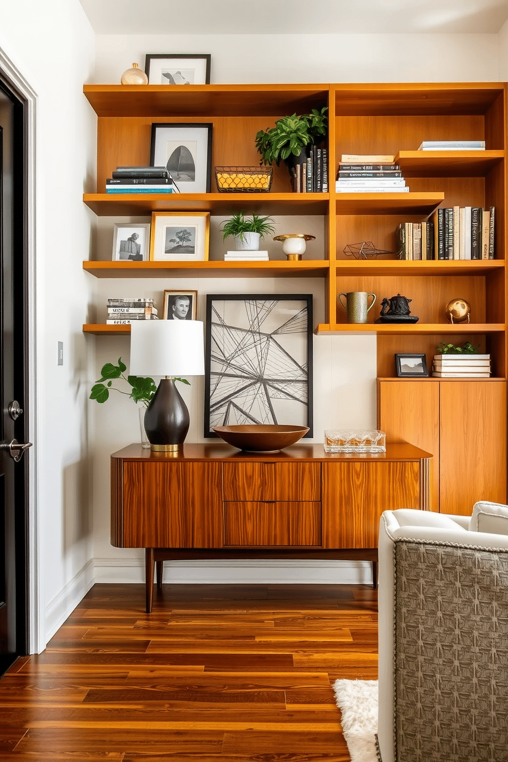 A stylish foyer featuring open shelving for decorative display. The shelves are made of warm wood and are adorned with a curated selection of art pieces, books, and plants, creating an inviting atmosphere. The walls are painted in a soft, neutral tone, complementing the rich textures of the wooden flooring. A sleek console table sits below the shelves, topped with a statement lamp and a decorative bowl, enhancing the Mid Century Modern aesthetic.