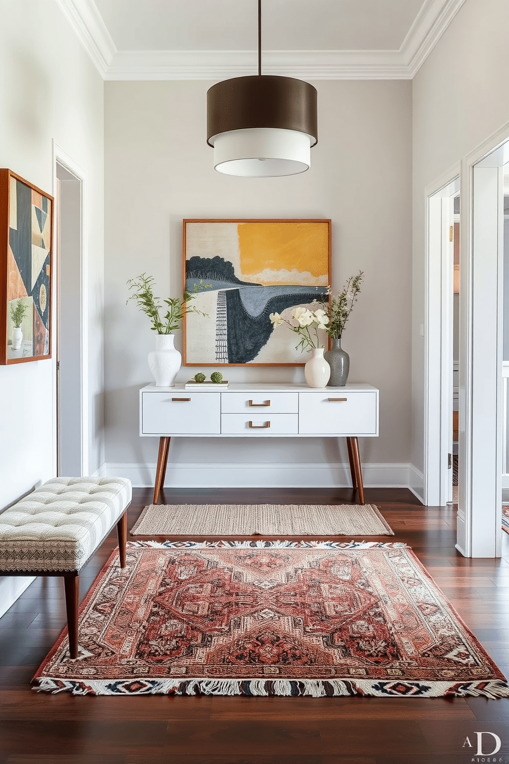 A stylish foyer featuring layered rugs that add both texture and comfort to the space. The design incorporates a Mid Century Modern aesthetic with clean lines, a minimalist console table, and a statement light fixture overhead.