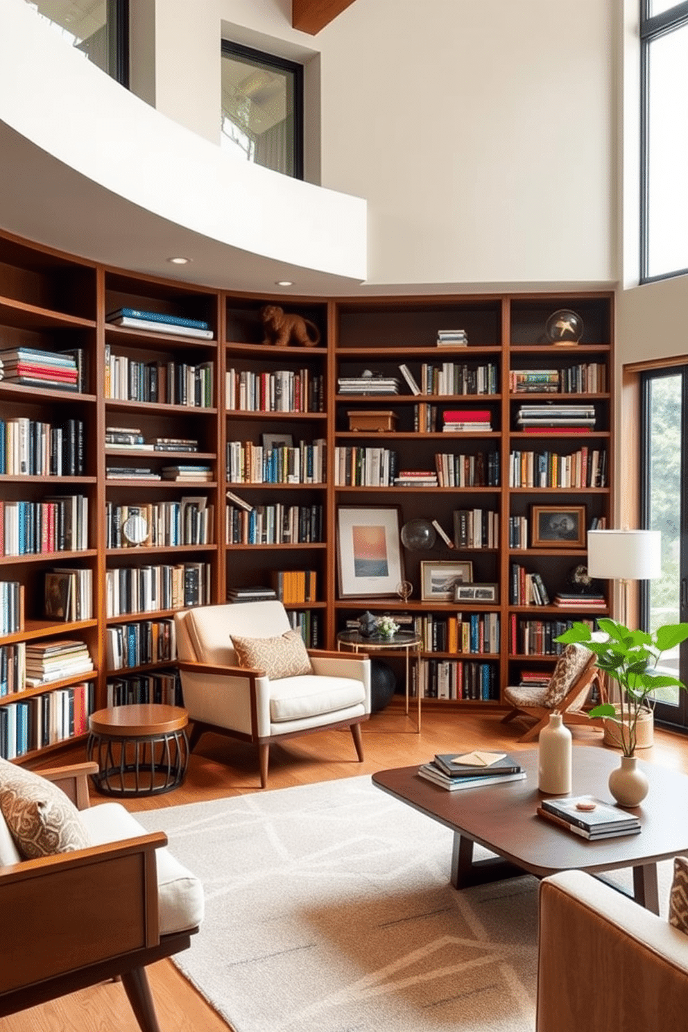 A warm and inviting home library featuring open shelving that showcases a vibrant array of books in various sizes and colors. The shelves are made of rich walnut wood, creating a beautiful contrast against the soft cream walls, with a cozy reading nook nestled in the corner adorned with a plush armchair and a stylish floor lamp. Mid Century Modern design elements are incorporated throughout, with a sleek, low-profile coffee table and geometric-patterned area rug anchoring the space. Large windows allow natural light to flood in, highlighting the curated selection of art pieces and decorative objects that add personality and charm to the room.