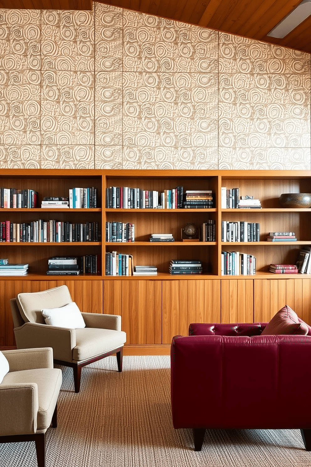 A cozy Mid Century Modern home library features textured wall panels that add depth and visual interest to the space. The warm wood tones of the shelves complement the rich hues of the upholstered furniture, creating an inviting atmosphere for reading and relaxation.