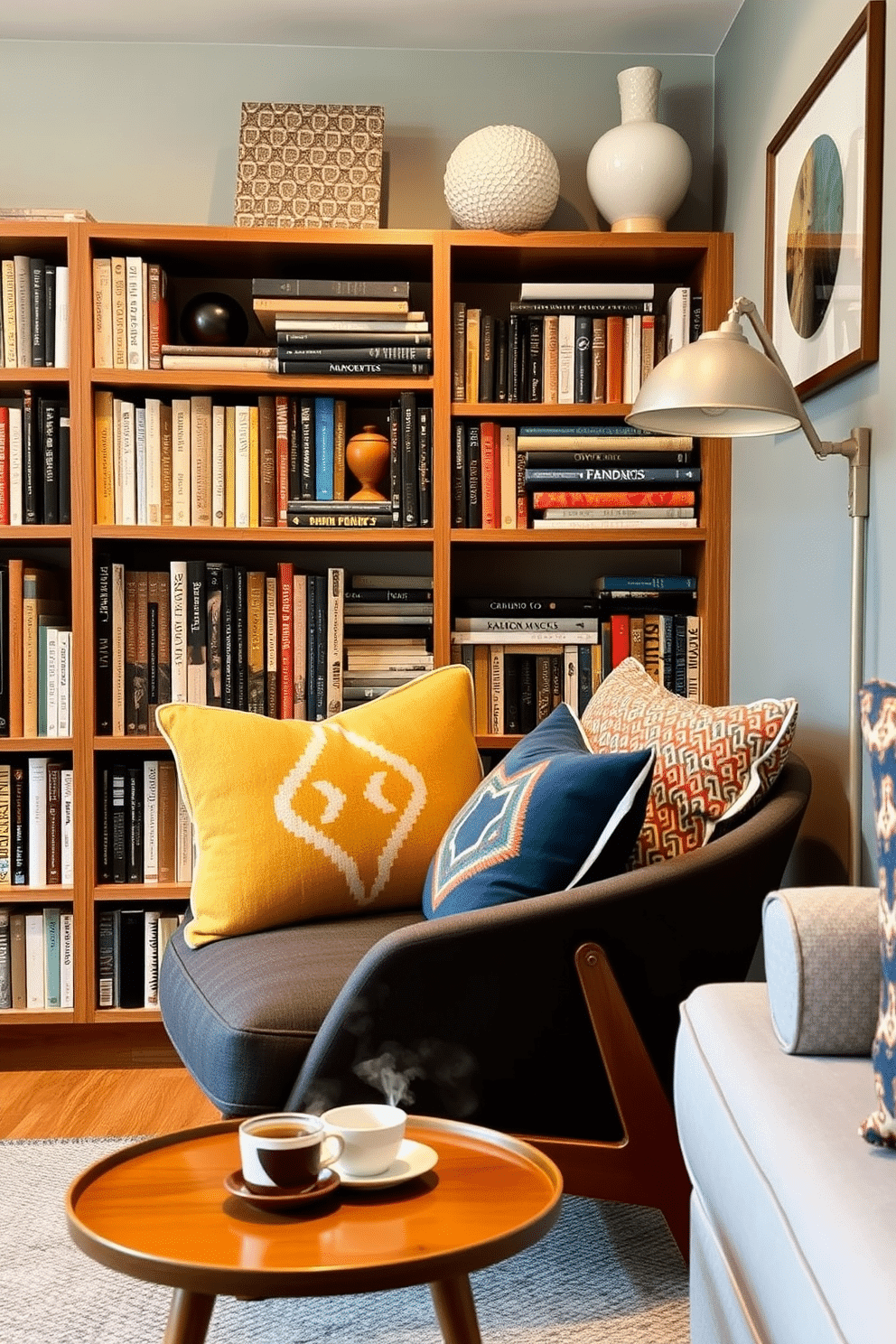 A cozy reading nook nestled in a Mid Century Modern home library, featuring a sleek, low-profile bookshelf filled with an eclectic mix of books and decorative objects. Plush cushions in vibrant colors and geometric patterns are arranged on a stylish, retro armchair, complemented by a warm wooden side table holding a steaming cup of tea.