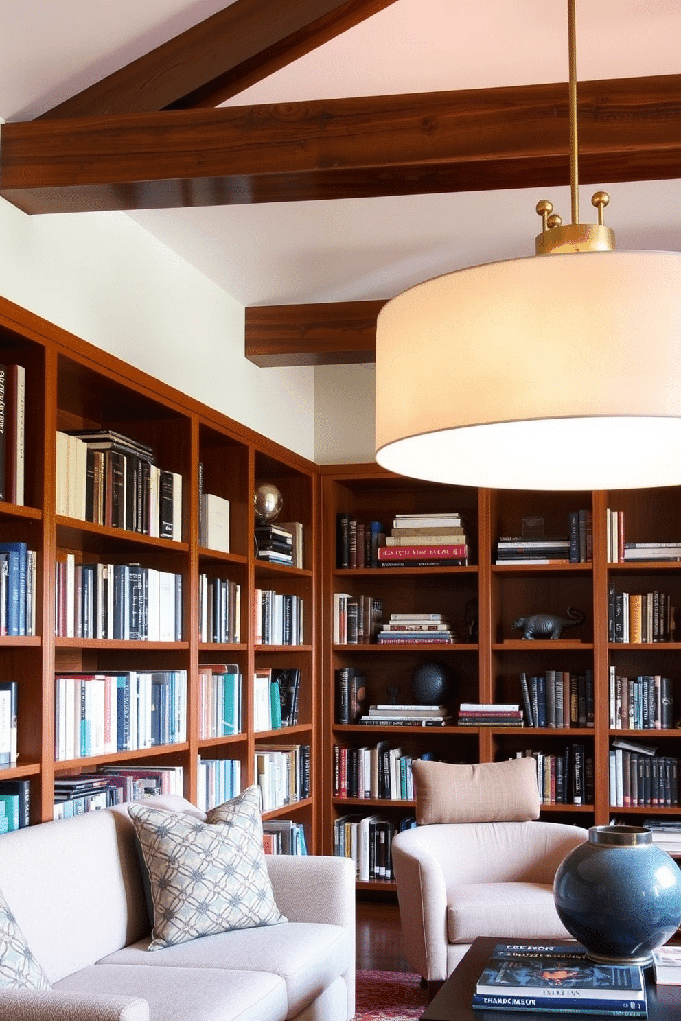 A Mid Century Modern home library features a statement pendant light fixture that hangs gracefully from the ceiling, casting a warm glow over the space. The walls are lined with rich wooden bookshelves filled with an eclectic mix of books and decorative objects, creating a cozy yet sophisticated atmosphere.