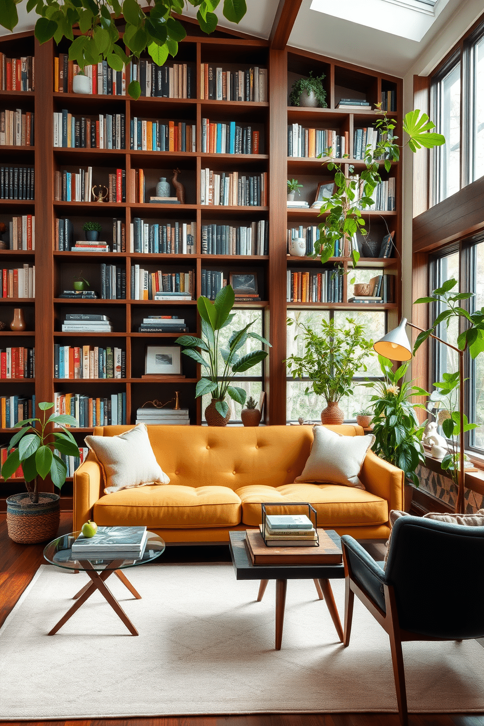 A cozy mid-century modern home library features a rich walnut bookshelf filled with an array of books and decorative objects. Large windows allow natural light to flood the space, while lush green plants are strategically placed throughout to enhance the fresh vibe. A sleek, low-profile sofa in a muted mustard fabric sits in the center, complemented by a geometric area rug. A stylish coffee table made of glass and wood holds a few art books, and a vintage floor lamp provides warm illumination for late-night reading.