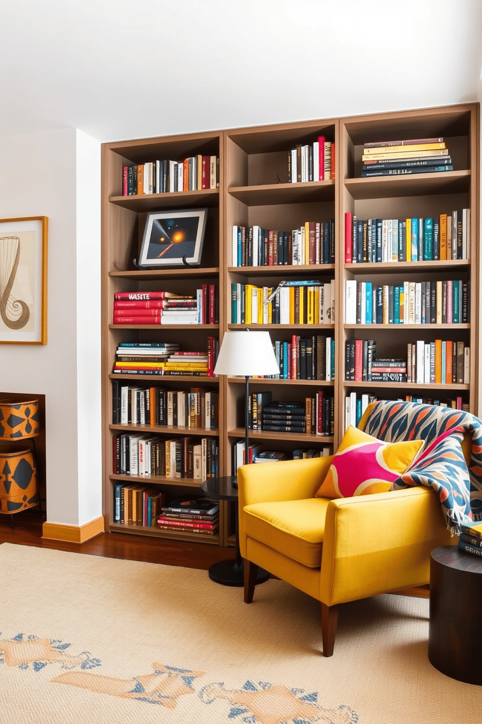 A Mid Century Modern home library featuring a neutral color palette accented with vibrant pops of color. The space includes a sleek, low-profile bookshelf filled with books, complemented by a cozy reading nook with a bold, patterned armchair and a colorful throw blanket.