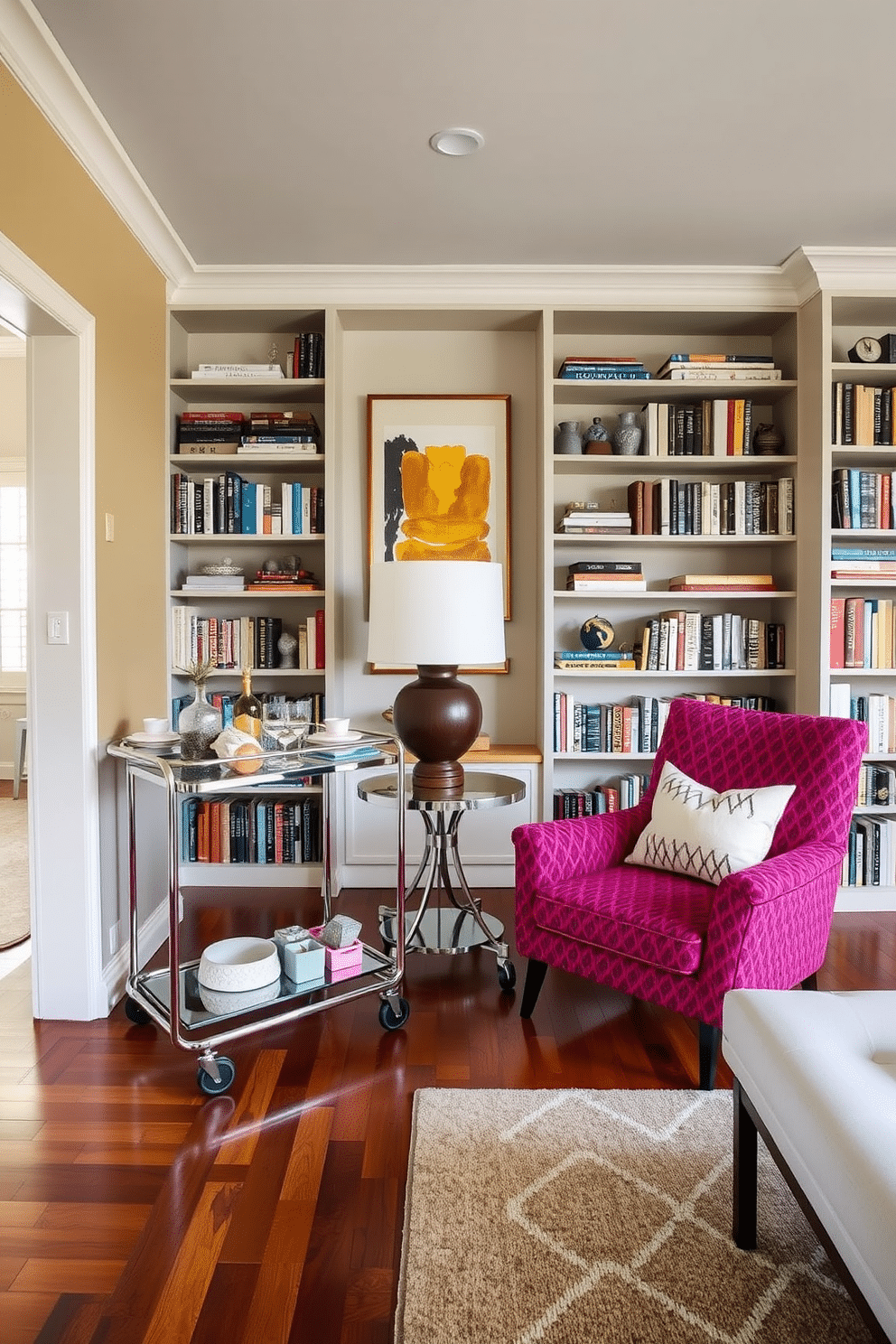 A Mid Century Modern home library features a sleek retro bar cart positioned beside a plush, oversized armchair upholstered in vibrant fabric. Floor-to-ceiling bookshelves line the walls, showcasing an eclectic collection of books and decorative objects, while a geometric area rug adds warmth to the polished hardwood floor.