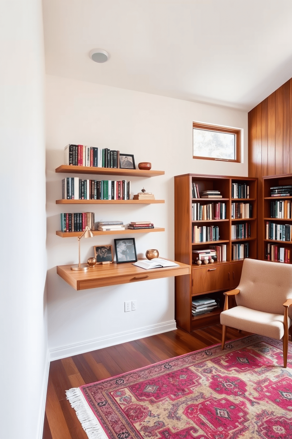 A sleek wall-mounted desk is positioned against a bright, airy wall, featuring a natural wood finish that complements the space. Above the desk, floating shelves display an array of books and decorative items, while a stylish desk lamp provides focused lighting for work. The Mid Century Modern home library boasts rich wooden paneling and a cozy reading nook with a plush armchair. Large windows allow natural light to flood the room, highlighting a curated selection of vintage books and a vibrant area rug that adds warmth to the space.